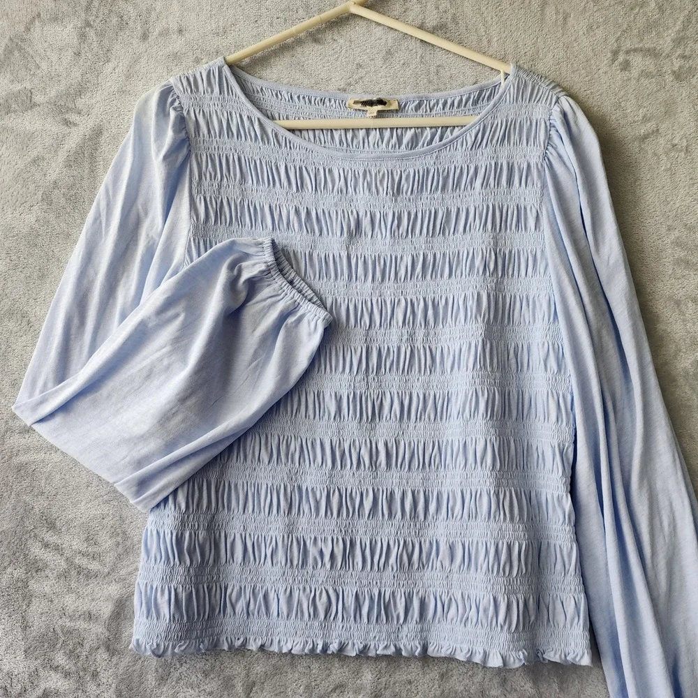 Madewell Top Womens Size XL Smocked Sky Blue Cotton Puff Sleeve Blouse Boatneck
